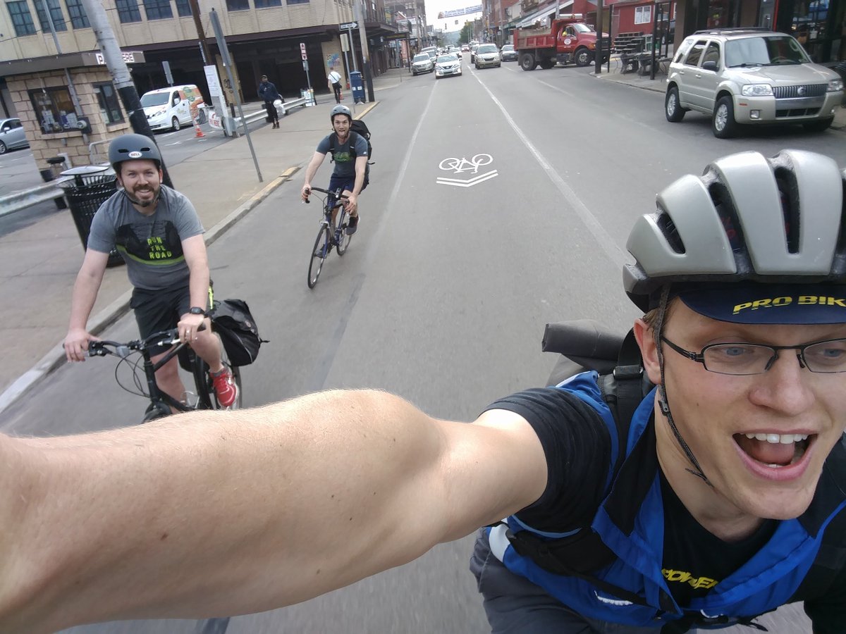 StradaPlaces's tweet photo. Stradistas Kevan, Eric, Sam and Timo took to the streets on two wheels this morning, joining @BikePGH in Market Square for coffee and breakfast before biking to work on #BikeToWorkDay ! https://t.co/1A2NbGsy6b