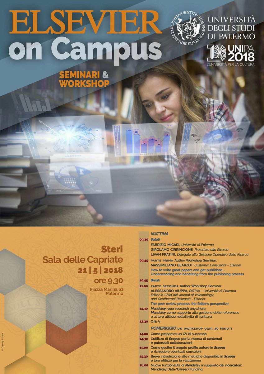 unipa_it's tweet photo. 📚 Elsevier on Campus🔬
@ElsevierConnect, editore mondiale in ambito medico e scientifico, organizza una giornata di seminari e workshop rivolta alla comunità scientifica #UniPa
📅 21/5
🕤 9.30
📍Sala delle Capriate - Steri - Rettorato, piazza Marina 61
ℹ https://t.co/ggsw4FeSgU https://t.co/jT7swLlc6T