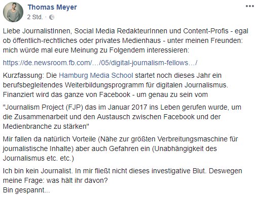 meyer_fans's tweet photo. Thomas stellt wichtige Fragen in Zusammenhang mit dem berufsbegleitenden Weiterbildungsprogramm für digitalen Journalismus der @HHMediaschool - dieses wird von Facebook finanziert:

https://t.co/QB8nHUu9oD

#TOMFluencer #thomasmeyer #journalismus https://t.co/At8e2LRvxp