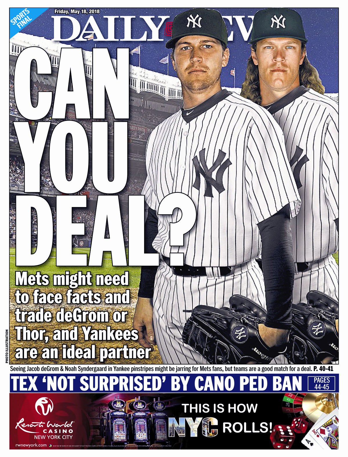 NY Daily News Sports on X: Today's back page: Jacob deGrom and  @Noahsyndergaard in pinstripes? @Mets need to consider dealing them, and @ Yankees are an ideal match  - @NYDNHarper   /