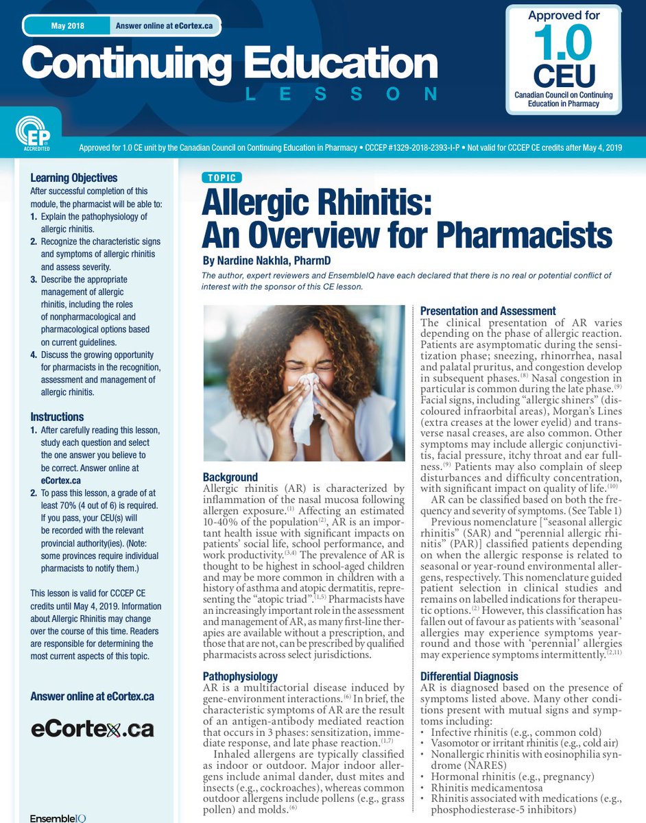 Need a refresher on treatment options during allergy season? I’ve summarized the most recent allergic rhinitis guidelines (ARIA, 2016 update) here: ecortex.ca/course/view.ph…