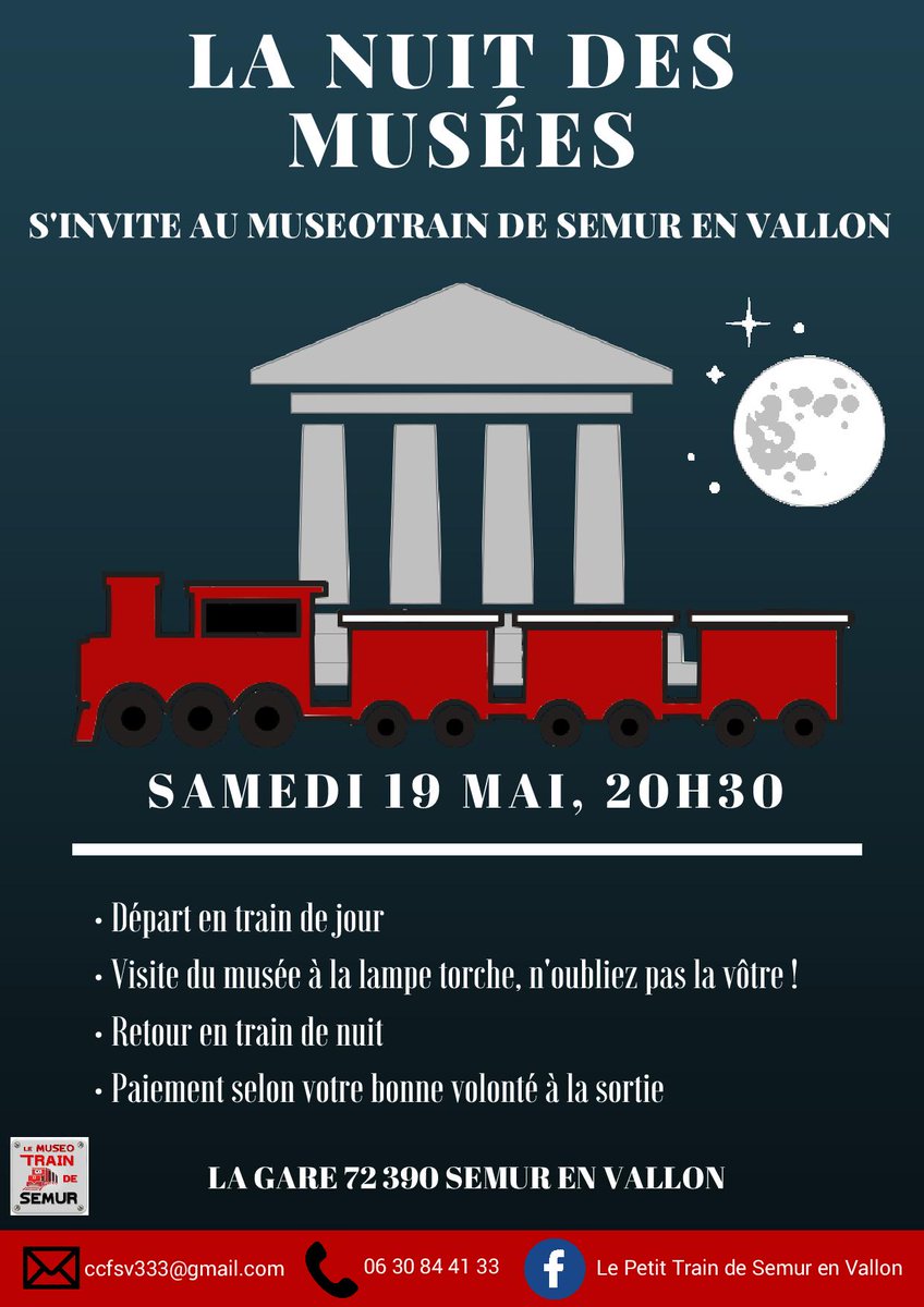 museotrain's tweet photo. Bonjour à tous !
Nous vous rappelons que le Petit Train de Semur en Vallon organise un événement #NuitdesMusees demain soir à partir de 20h30. 
Pour plus d'informations, n'hésitez pas à jeter un œil à l'affiche ci-dessous.
Nous vous attendons nombreux ! https://t.co/7POmpXdpG0