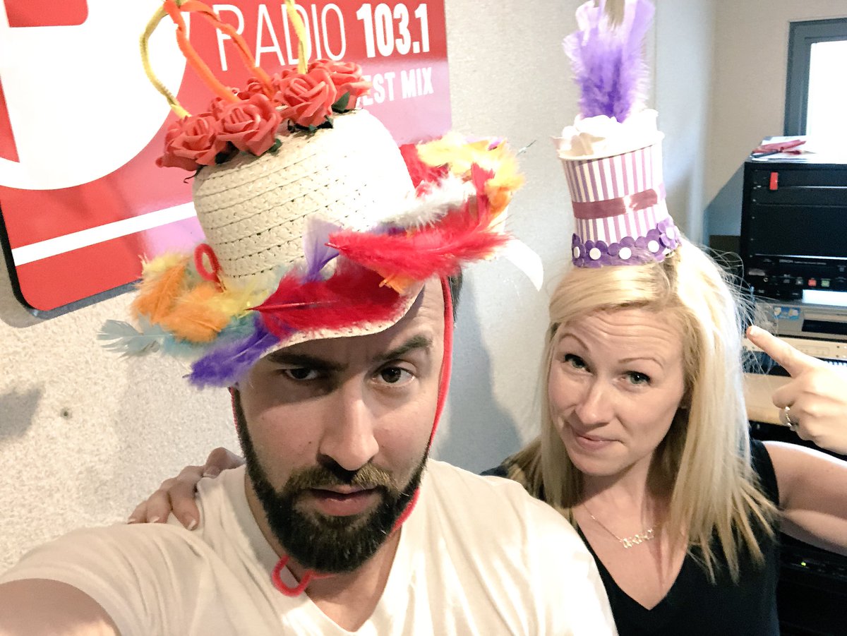 1031FreshRadio's tweet photo. .@kim_woodbridge &amp; @MarkEMarkFM~ We’re all set for the #RoyalWedding with a couple of crafty fascinators! #HarryAndMeghan 💂‍♀️🤵🏼👰🏻@CherylHickeyETC https://t.co/eheslR0Mzz
