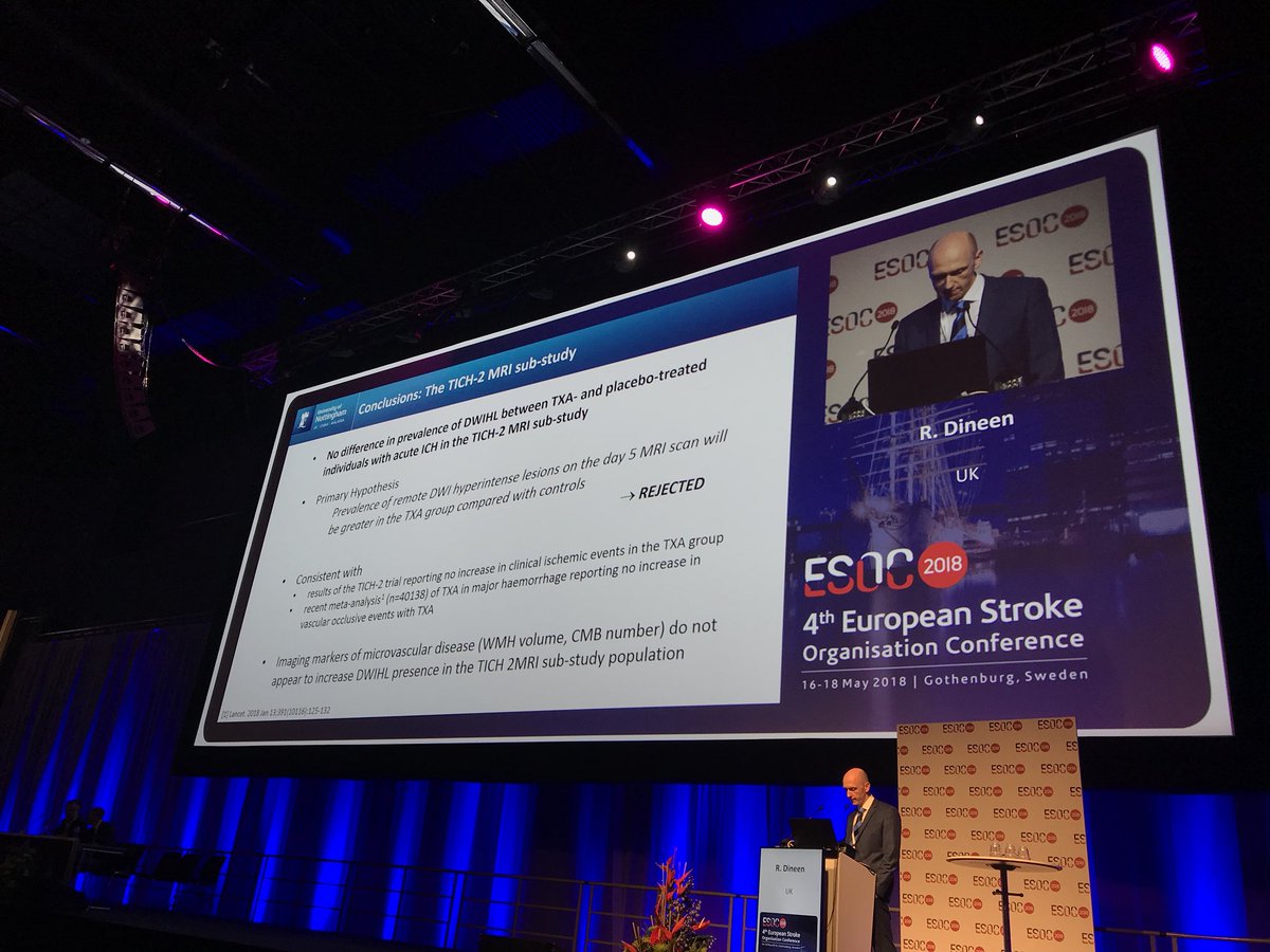 Thanks to Rob Dineen for demonstrating that TXA does not increase DWI lesions in Acute ICH - important safet data #ESOC018 #tich2trialresults