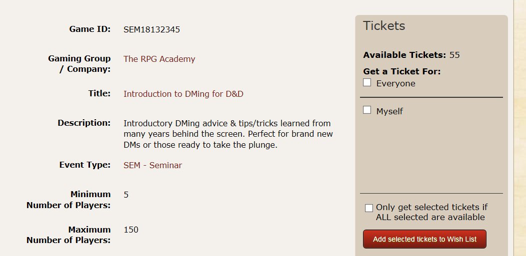 TheRpgAcademy's tweet photo. Our Intro to DMing for #dnd #dnd5e panel at Gencon has 55 seats left.  the same pane at #Origins has 181 (it shows that one as 2 hours. it's supposed to 1.5 hours)

@MimiMerlot is joining me for GenCon one.  Additional panelist for Origins TBD (but i'm looking) https://t.co/K4d9hBqW2m
