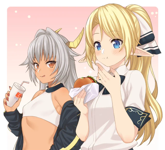 温室育ちのエルフの王女に庶民向けのジャンクな食べ物を食べさせるわるいドラゴンの絵です 