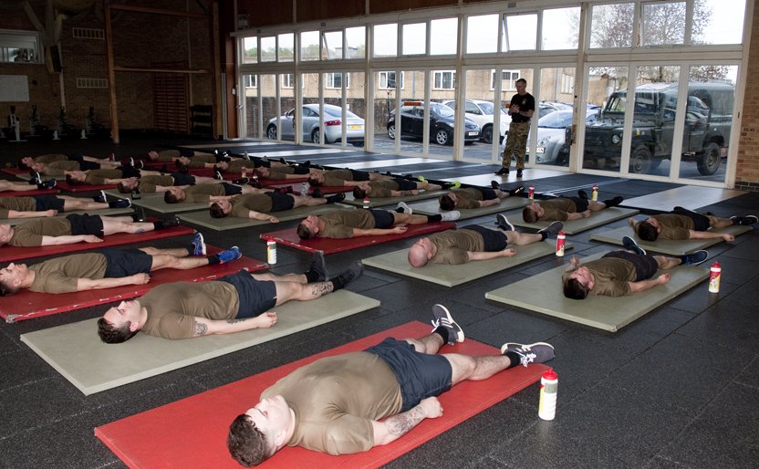 BritishArmy's tweet photo. Soldiers at the Armour Centre in Bovington are benefitting from mindfulness sessions introduced at the end of PT workouts. Mental fitness is as important as physical fitness #MentalHealthAwarenessWeek https://t.co/qulUnR6jTV