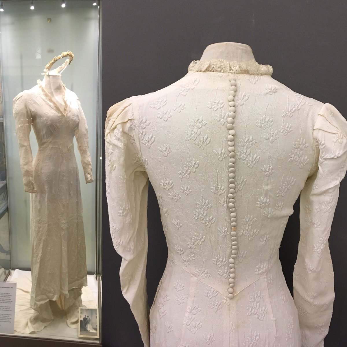 Windsor_Museum's tweet photo. Can’t wait to see Meghan’s #royalweddingdress? Come &amp; see this beautiful 1937 dress from a local #windsor resident. We’re open today until 4pm &amp; tomorrow at 8.30am.  👰🎩#royalweddingcountdown #royalwedding #windsor @RBWM_Libraries @visitwindsor @WindsorGuildhal @FriendsofWRBM https://t.co/VAd06KyStY