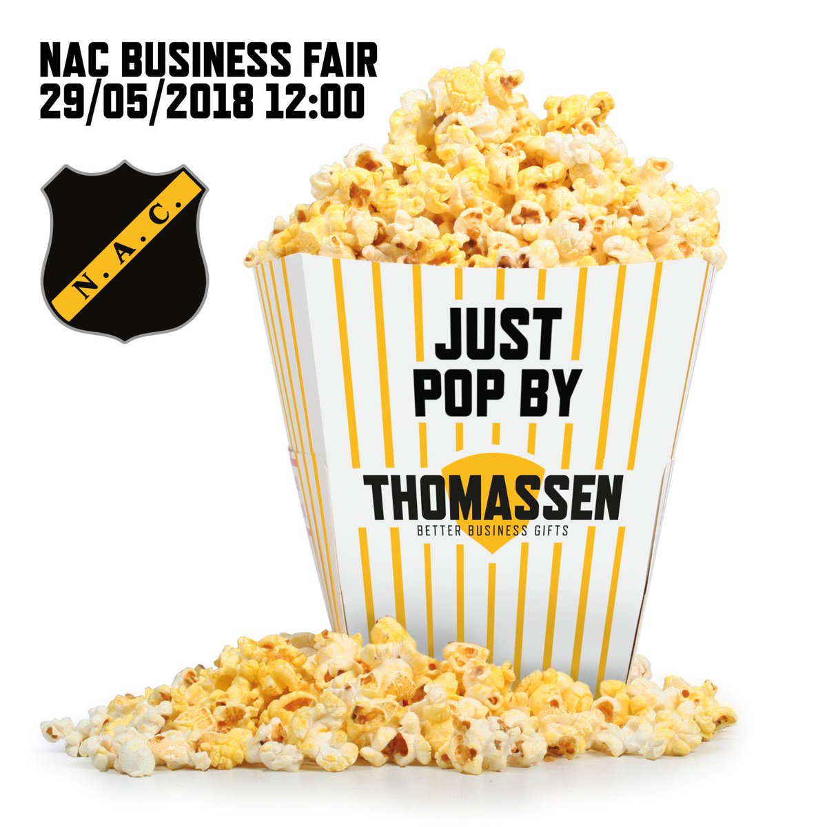 Save the date.. op dinsdag 29 mei is het zover! De NAC business fair! 
#ThomassenGifts #social #beurs #marketing #nac #popcorn #popby #giveaway #nacbreda #businessgift #voetbal #giveaways #relatiegeschenk #socialmedia #communicatie #kerstpakket