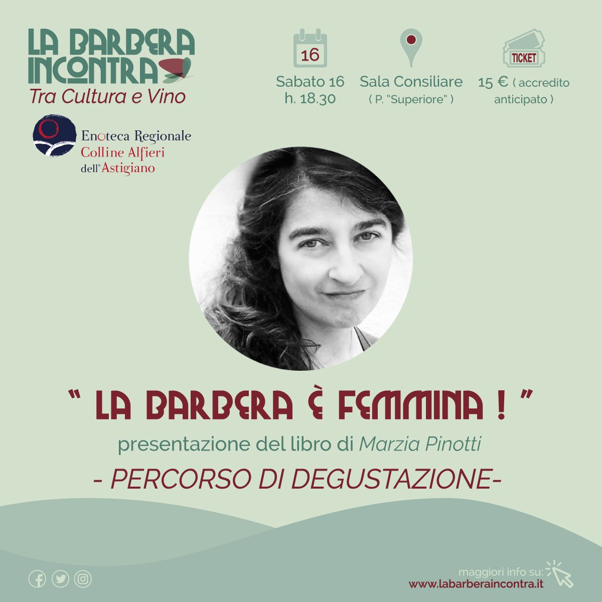 BarberaIncontra's tweet photo. #LaBarberaIncontra "LA BARBERA È FEMMINA!" - libro di @MarziaPinotti 
Percorso di degustazione a cura dell’Enoteca Regionale Colline Alfieri. L'incontro avrà inizio alle ore 18.30 sabato 16 giugno nella Sala Consiliare di San Damiano d’Asti.

Leggi di più https://t.co/xpup6CAOJh https://t.co/9NCzxjk6MO