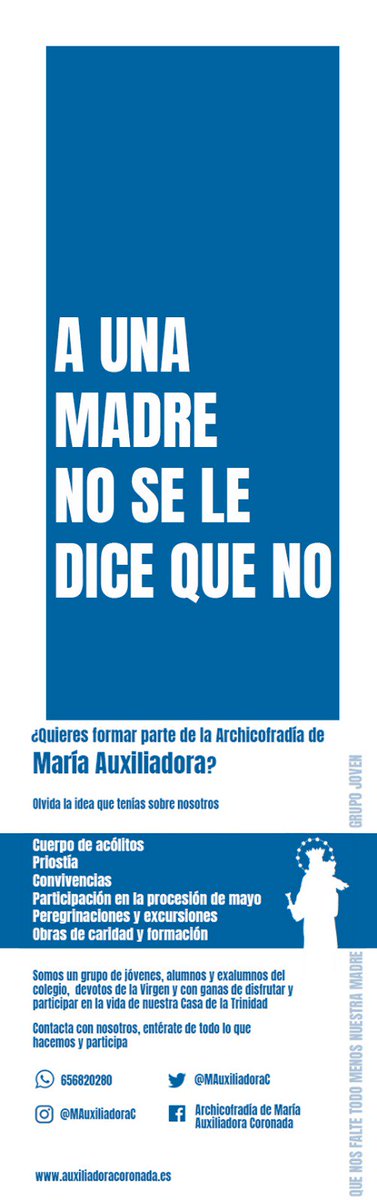 Anímate a no decir NO a la primera de nuestras madres, la Santísima Virgen y participa junto a otros jóvenes en todas las actividades que organizamos durante el año, siempre en torno a Ella. 

#AlgoEstáPasandoEnMayo #AuxiliadoraCoronada18