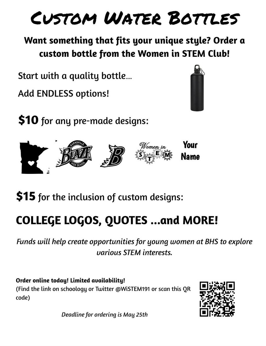 WiStem191's tweet photo. We've got exciting news....you can now order you CUSTOM water bottles TODAY!! RT to spread the word! Deadline to order is May 25th; order form link in bio. @ISD191 https://t.co/2bwxdMlhh3