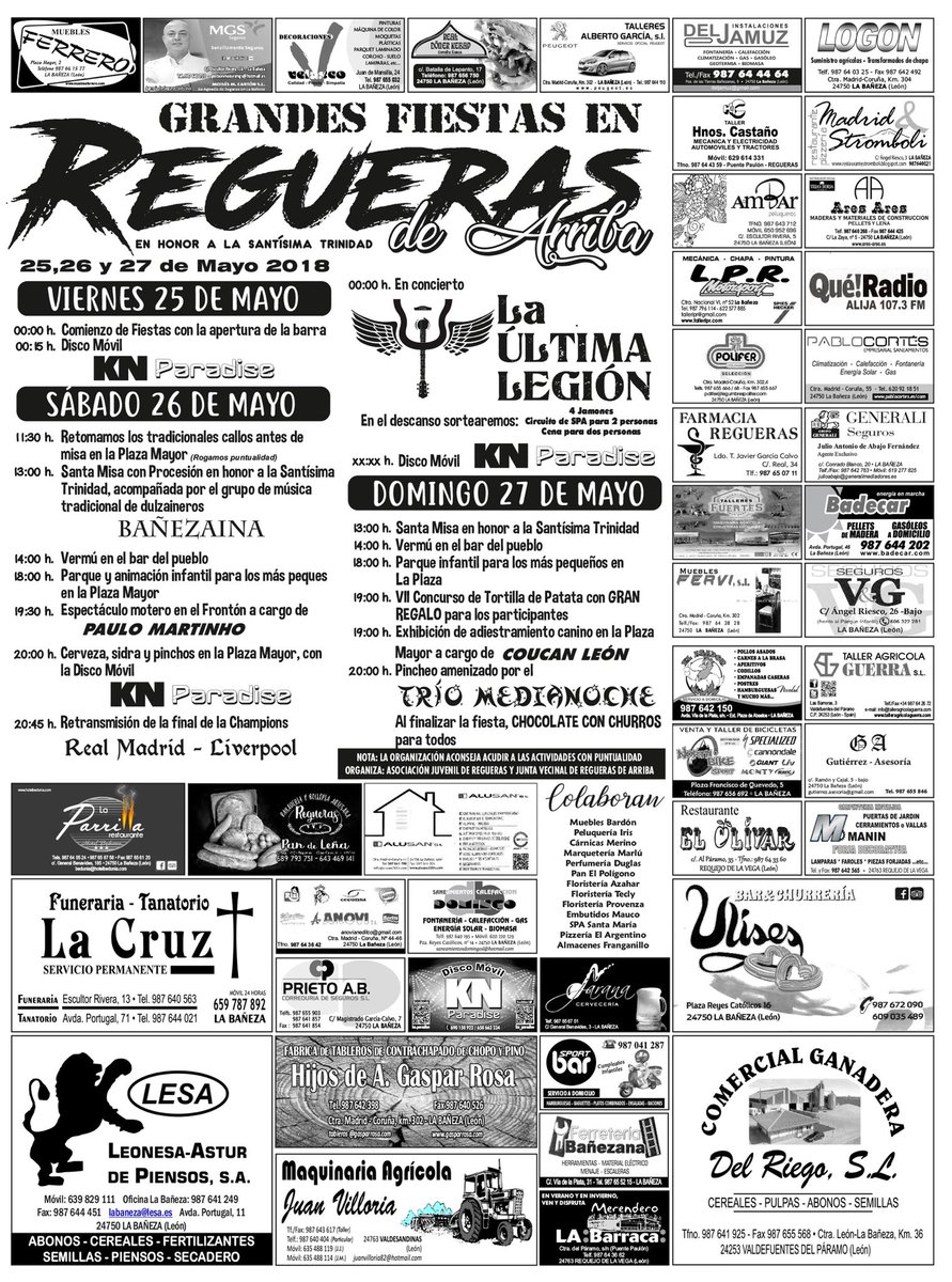 Regueras_01's tweet photo. ¡¡Ya tenemos el cartel con toda la programación!! Y un año mas queremos agradecer a todas las empresas y establecimientos que de una forma u otra han colaborado con las fiestas ¡¡MUCHAS GRACIAS!! @HappyFmAlija @kn_paradise @Leon_ocio @FiestasDeLeon @UltimaLegion https://t.co/rVbxGM2Cch