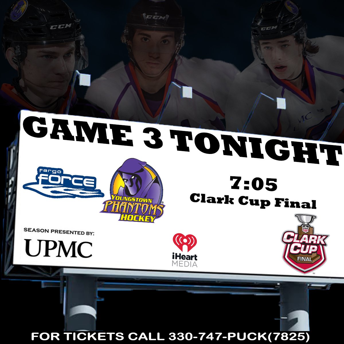 YtownPhantoms's tweet photo. It's GAME DAY in the @CityofYOU ! The Phantoms take on the @FargoForce for Game 3 of the @USHL Clark Cup Final at 7:05! Remember to wear your #PhantomOrange! #OneTeamOneYOU
🎟️: Call 330-747-PUCK https://t.co/gSGqVFNl9O