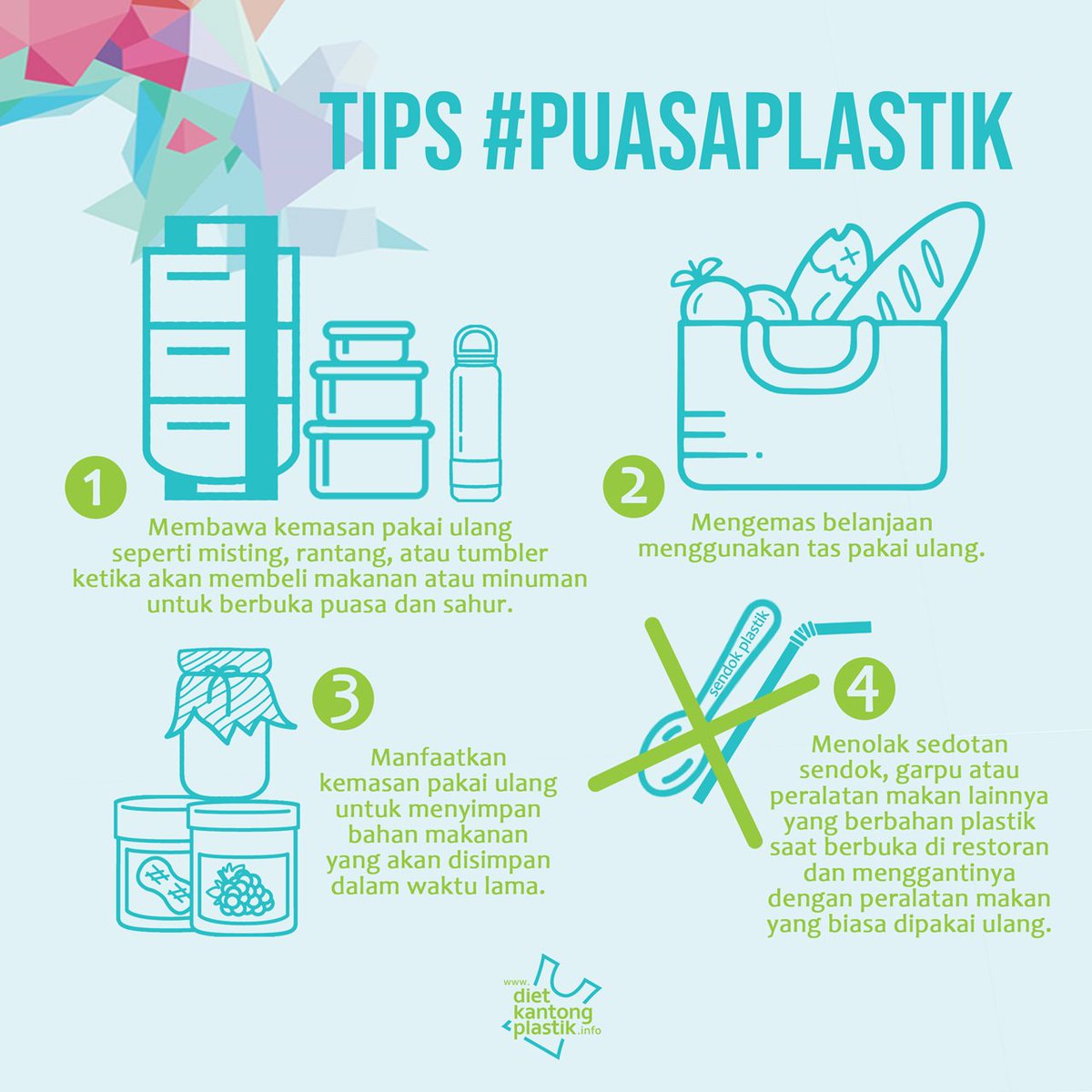 Tips #PuasaPlastik :
4) Menolak sedotan, sendok, garpu, atau peralatan makan lainnya yang berbahan plastik saat berbuka puasa di restaurant dan menggantinya dengan peralatan makan yang bisa dipakai ulang. #dietkantongplastik #BreakFreeFromPlastic #puasa #Ramadhan #saynotoplastic