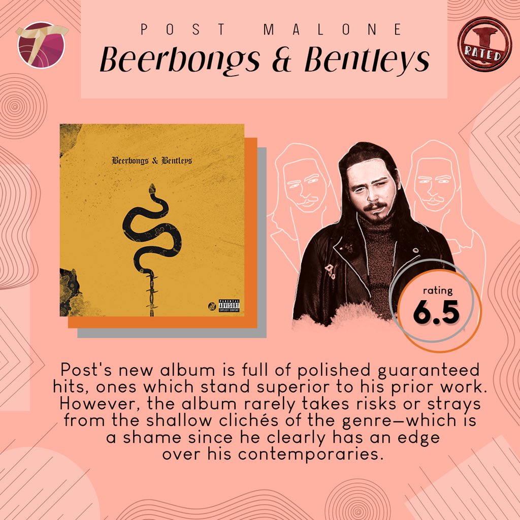 ClaretTanglaw's tweet photo. #RatedT: Post Malone | Beerbongs & Bentleys
Post’s 2nd studio album has topped #1 on the Billboard 200 chart. The album’s most viewed song, "Psycho" gives a chill vibe that the whole album delivers. Here's our take on it...
https://t.co/wTsQYomjic
#PostMalone
#LetTruthbeTold https://t.co/BSd8g1kvpo