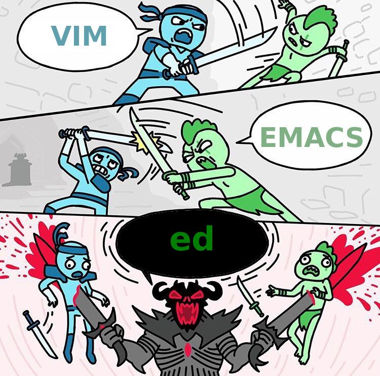 A blue ninja yells "vim"; the green warrior with whom blue is fighting yells "emacs"; in the third panel, a warlord eviscerates both while yelling "ed".