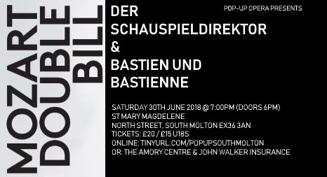VerneyAlison's tweet photo. The @PopupOperaUK Presents: 
DER SCHAUSPIELDIREKTOR 
&amp;
BASTIEN UND
BASTIENNE 

- Saturday 30th June 2018 @ 7:00pm (Doors 6pm)
St Mary Magdelene Church
North Street, #SouthMolton #NorthDevon EX36 3AN

- Tickets: https://t.co/ebqx3Gymtf  
- More info: https://t.co/xY7nHbBoJs #opera https://t.co/bprFfEwAqP