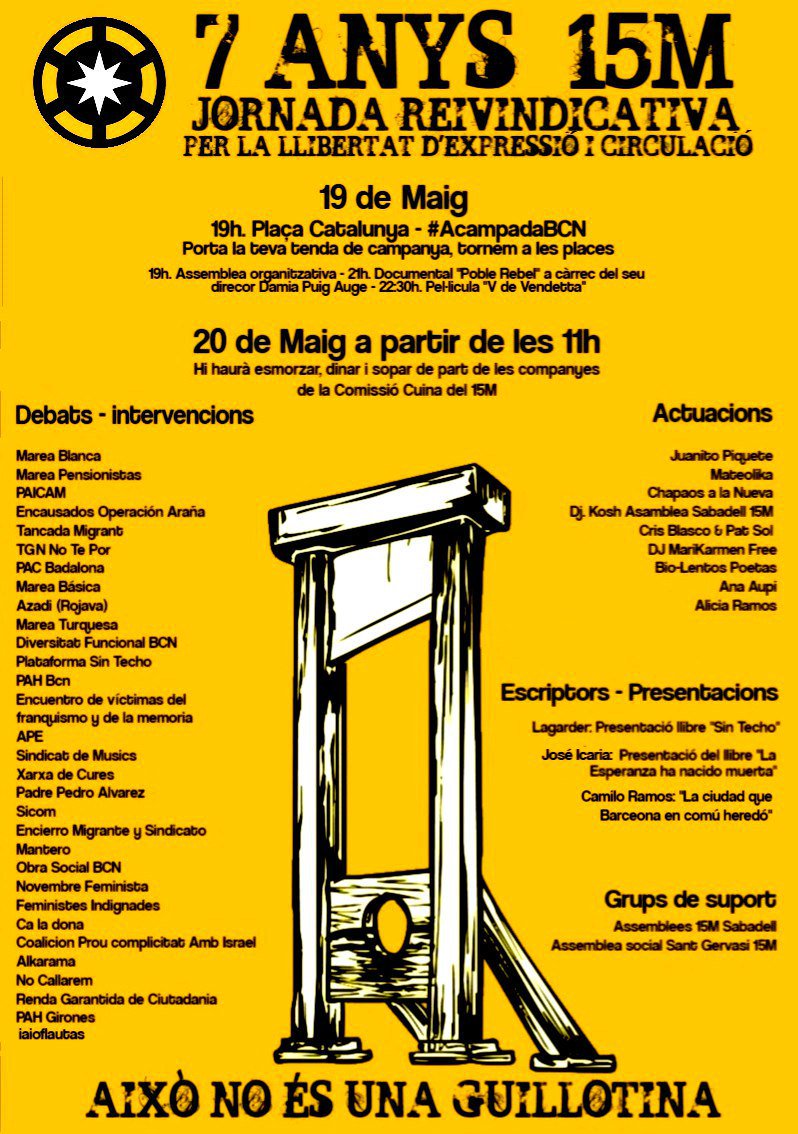 Aquest cap de setmana tornem 
 les places! 
#AcampadaBCN
#7Anys15M
#15MReviu
#DemocraciaSecuestrada 
#SeguimosEnPie