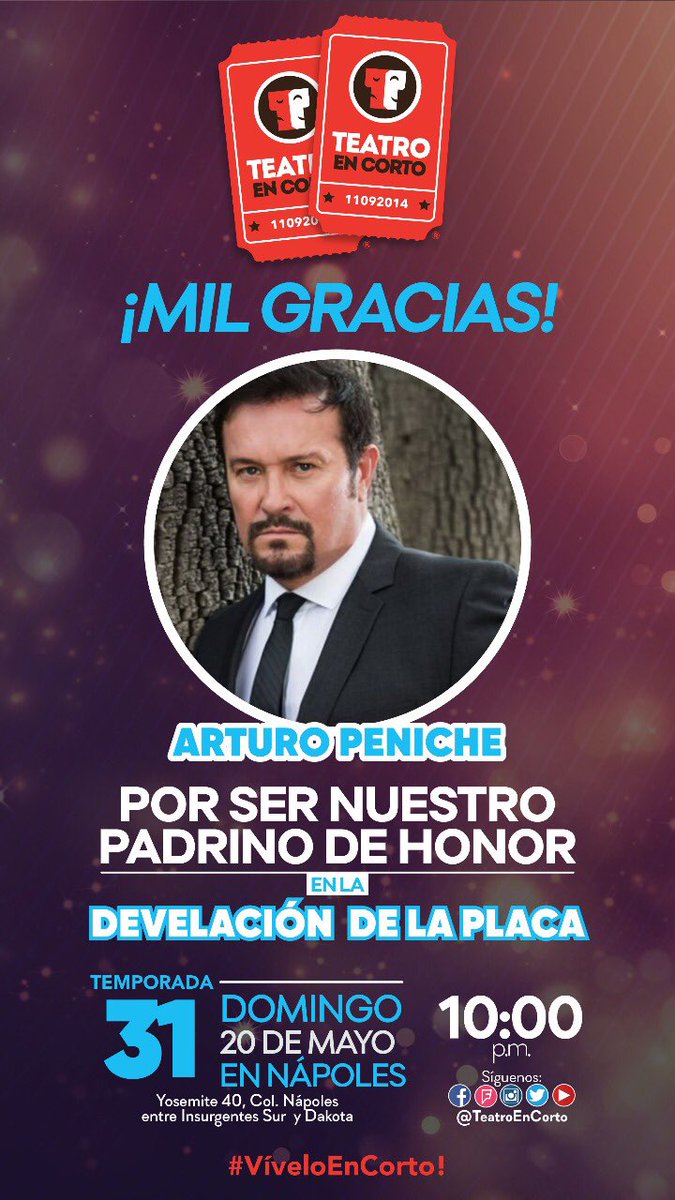 vickylopeztv's tweet photo. Este DOMINGO 20 de Mayo 💋 

No te pierdas el Fin de Temporada #31 de "TEATRO EN CORTO" Nápoles. 

Padrino de Honor: 
*Arturo Peniche* 

@arturopenicheof 

Además estará presente todo el elenco de las 9 obras, No pierdas este fin de semana para disfrutarlas! 👏👏👏 

@Pacolalas https://t.co/hGQsTn0Wsq