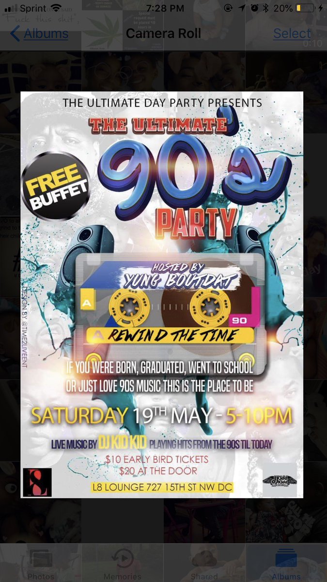 Tha_RealMissDMV's tweet photo. THE ULTIMATE 90’s DAY PARTY 🎉 HOSTED BY Yung Bout-Dat 🎤 HELP US REWIND THE TIME ⏱ SATURDAY MAY 19TH FROM 5-10pm LIVE MUSIC BY DJ KID KID 🎼 . FREE FOOD ALL NIGHT ‼️ $10 EARLY BIRD TICKETS &amp; $20 AT THE DOOR 🚪.. L8 LOUNGE 727 15TH ST NW DC ‼️ YOU DON’T WANNA MISS THIS 👊🏽 https://t.co/UZWXCJXHSI