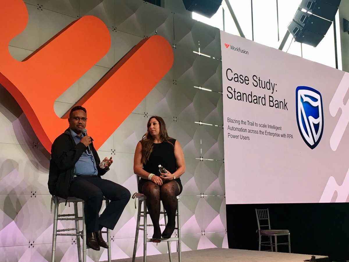 WorkFusion's tweet photo. Automation Lead Michael Daniels of @StandardBankZA shares how much value #rpa power uses have added to the bank by automating small tasks throughout their operation using their “boots on the ground” process expertise. #rpaexpress #Ascend18NYC https://t.co/xcKDnbh6MN