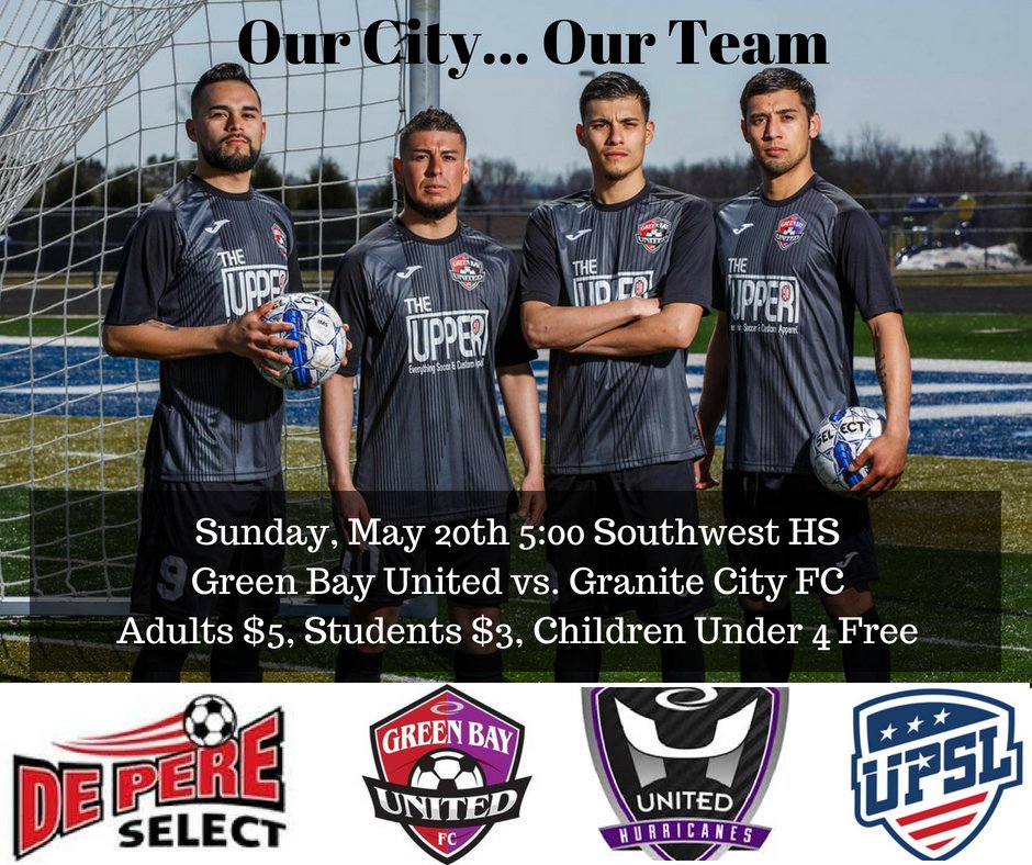 Green Bay United FC welcomes Granite City FC to Title Town for some UPSL - Midwest Conference soccer this weekend! 

Join us Sunday, 5pm @ Dahlin Family Stadium (Green Bay Southwest High School)