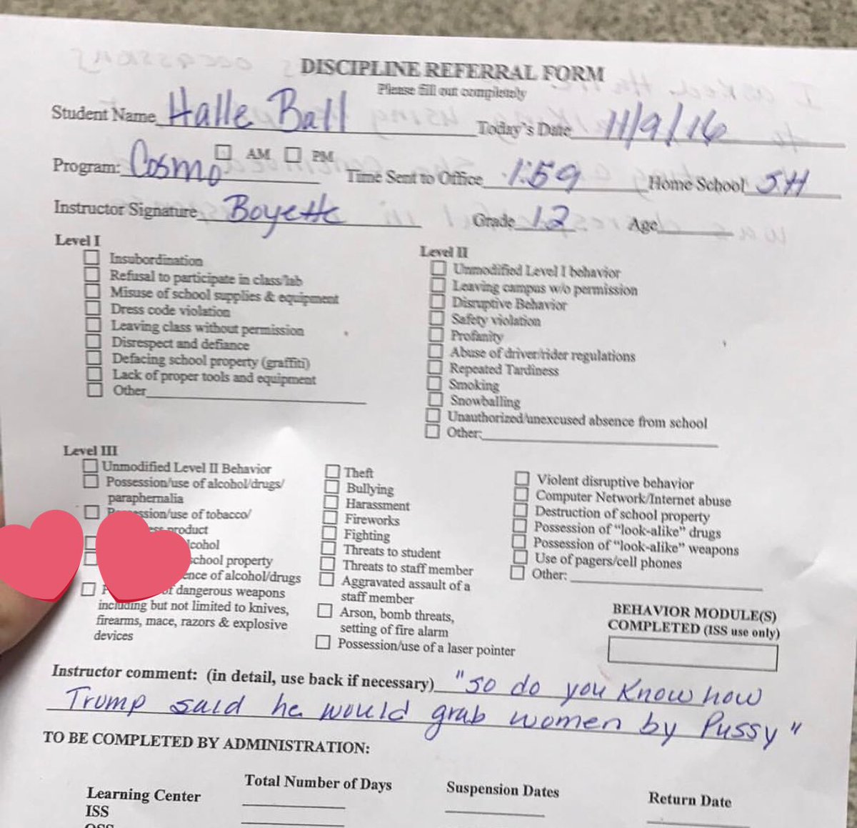 BallHalle's tweet photo. this one time I got wrote up for saying grab her by the pussy. supporting my president https://t.co/qA5JKnAgZW