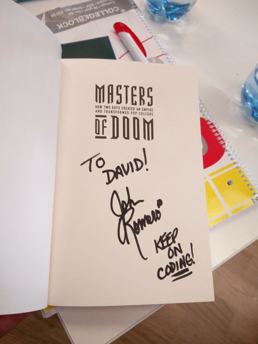 sigmasrb's tweet photo. Met John Romero, one of the fathers of FPS games, creator of Doom, Quake and Wolfenstein 3D! Haven't met a more down-to-earth person for a long while. Got myself a copy of Masters of Doom and had him sign it! Super stoked. https://t.co/ipEmBkAU1R