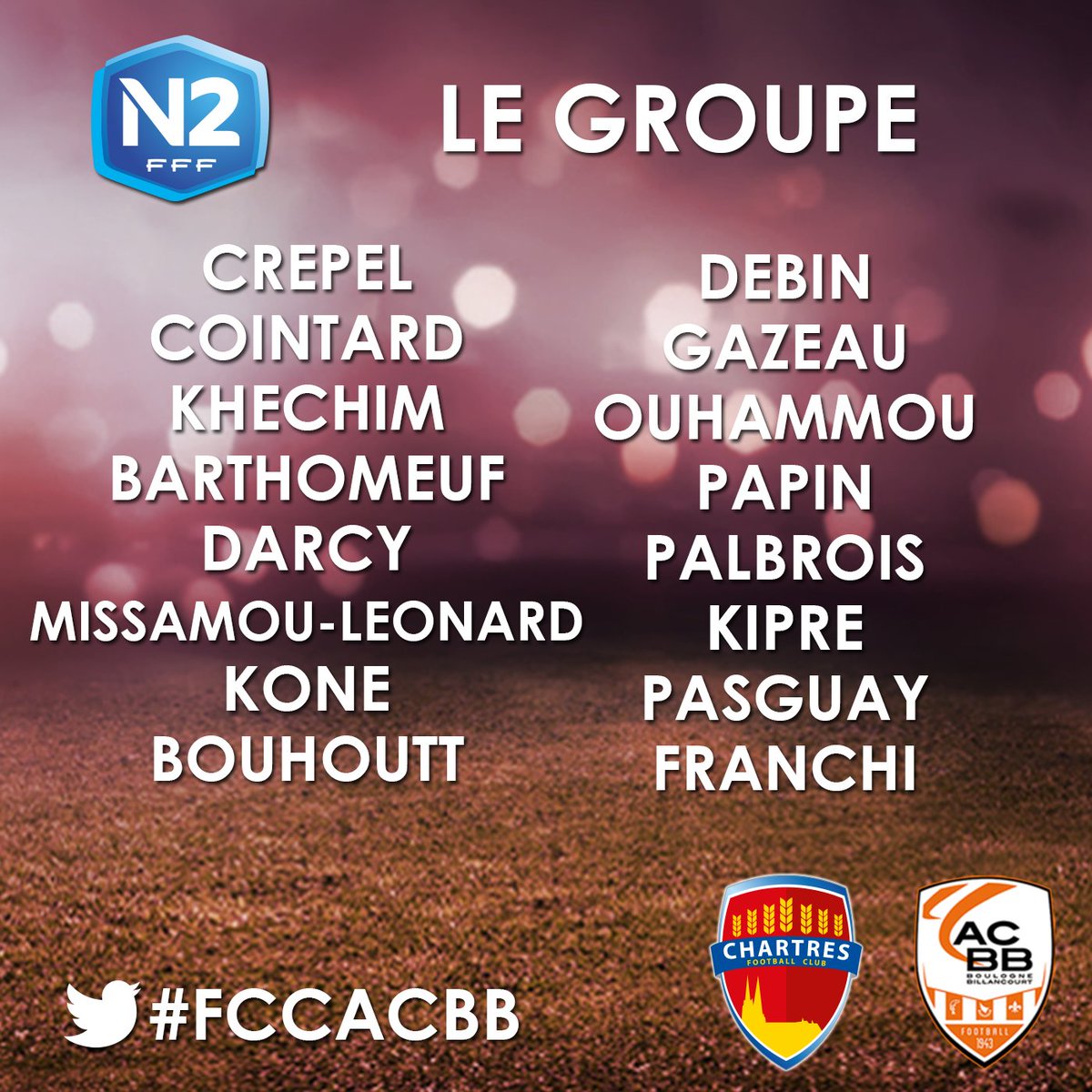 fcchartres's tweet photo. La liste des joueurs du FC #Chartres retenus pour le dernier match de la saison à domicile, ce Samedi à 18h contre @acbb_football.  

#AllezChartres #TeamChartres #FCCACBB https://t.co/pDwMukZQlj