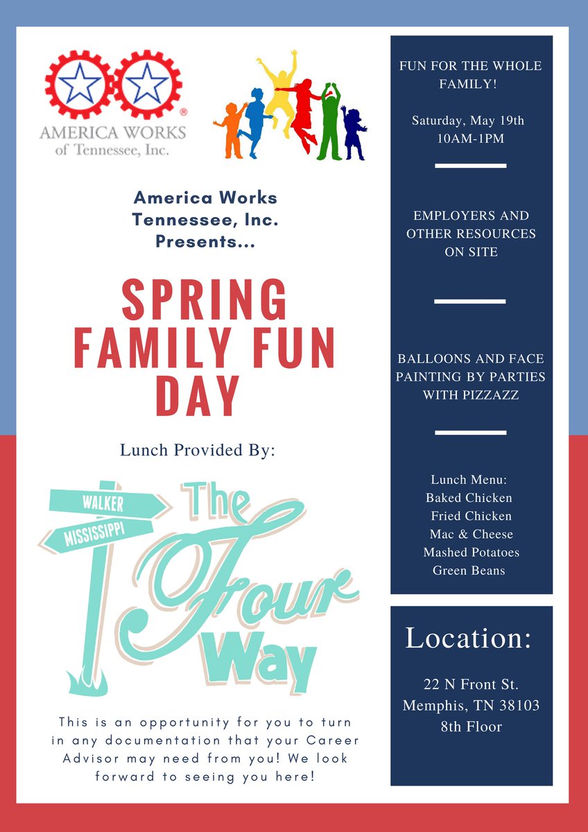 AmericaWorksTN's tweet photo. Tomorrow!!

Join us at our Memphis location for Spring Family Fun Day! 

#TheFourWay #Spring #FamilyFun #Memphis #Tennessee #TN #AmericaWorks #Employment #Veterans #Family #Friday #FridayFeeling https://t.co/x2rGowsy5P