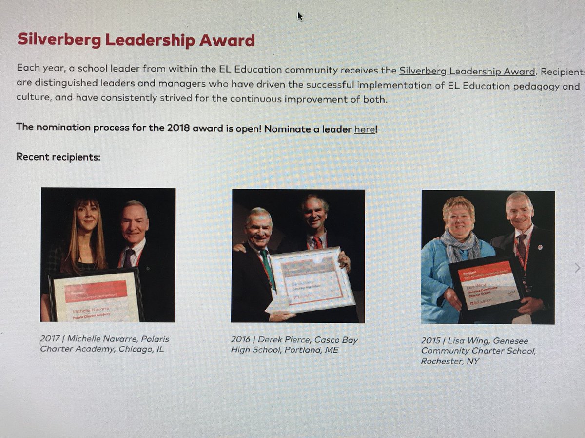 Silverberg Leadership Award: 2017 Navarre <a href="/PolarisCA/">Polaris Charter Academy</a> 2016 Pierce @cascobayhs 2015 Wing @GeneseeCharter Who will it be 2018? Nominate an EL Education Leader today!   eleducation.org/resources/Silv… <a href="/ELeducation/">EL Education</a> #WeAreCrew