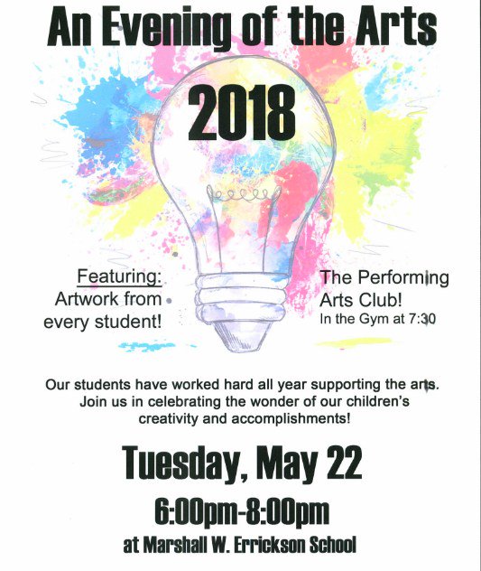 An Evening of the Arts 2018 at MWES- Join us on Tue, 5/22, 6-8 pm, as we celebrate the wonder of our children's creativity and accomplishments! Artwork will be on display from every student! Performing Arts Club performs at 7:30! edl.io/n862166