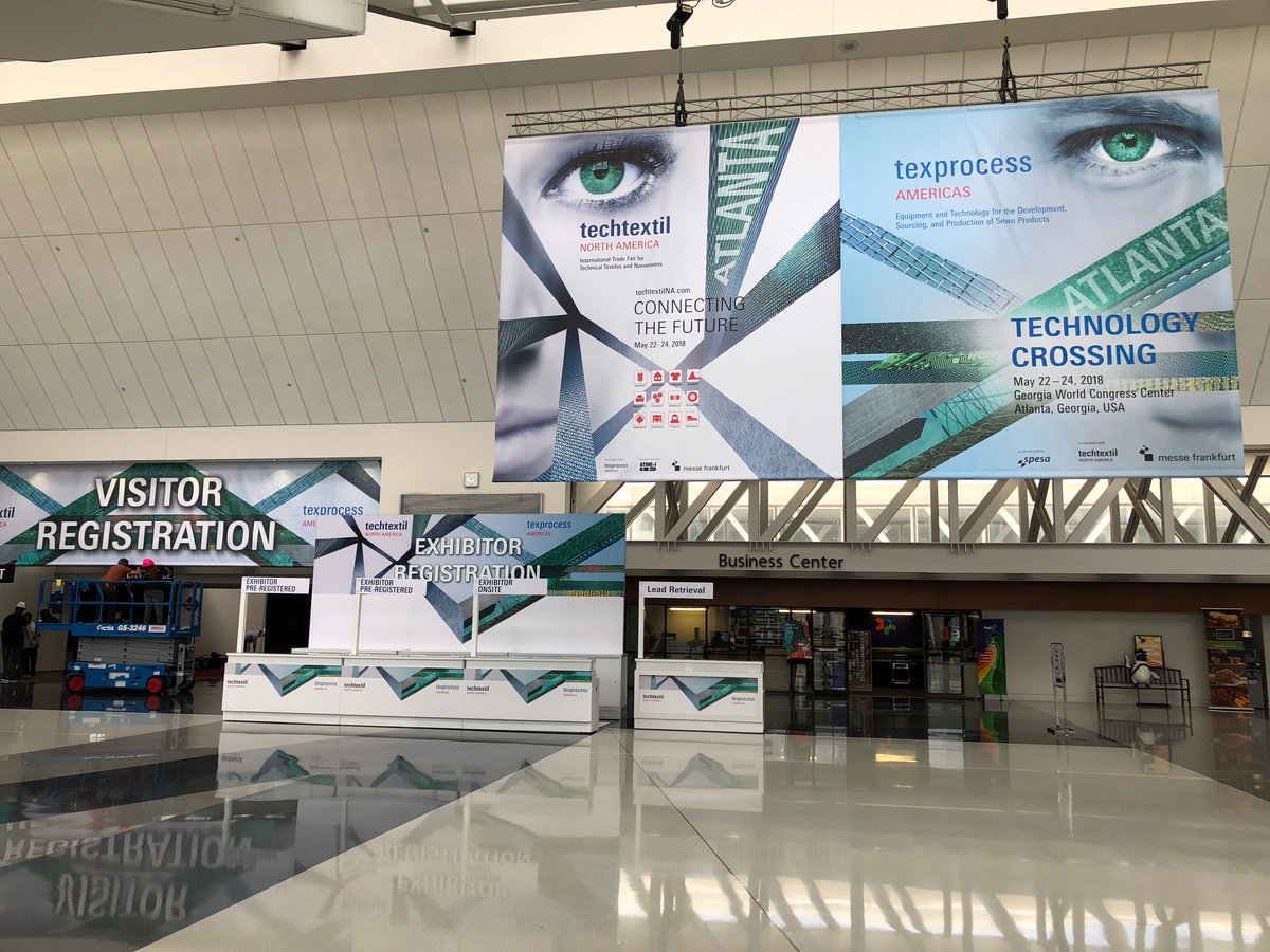 techtextilNA's tweet photo. Registration signage is up! We can't wait to welcome all of our attendees to #TTNA18 and #TPA18! @TexprocessAmer #technicaltextiles #TechtextilNA #sewnproducts #TexprocessAmer #tradeshow #Atlanta https://t.co/jd6jET1YRR