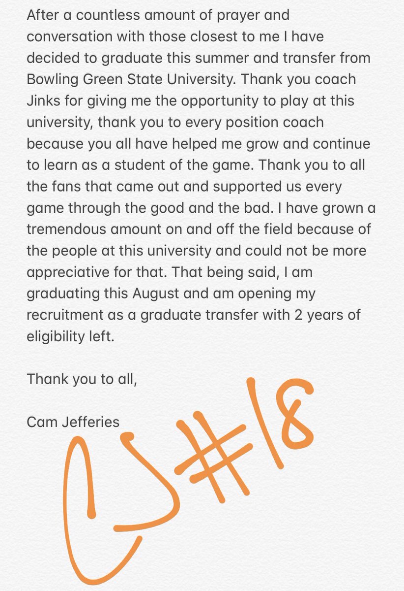 Cjefferies18's tweet image. Excited to announce I am officially opening my recruitment as a Graduate Transfer. Thank you to everyone at BGSU for supporting me the past 2 years. 🎓