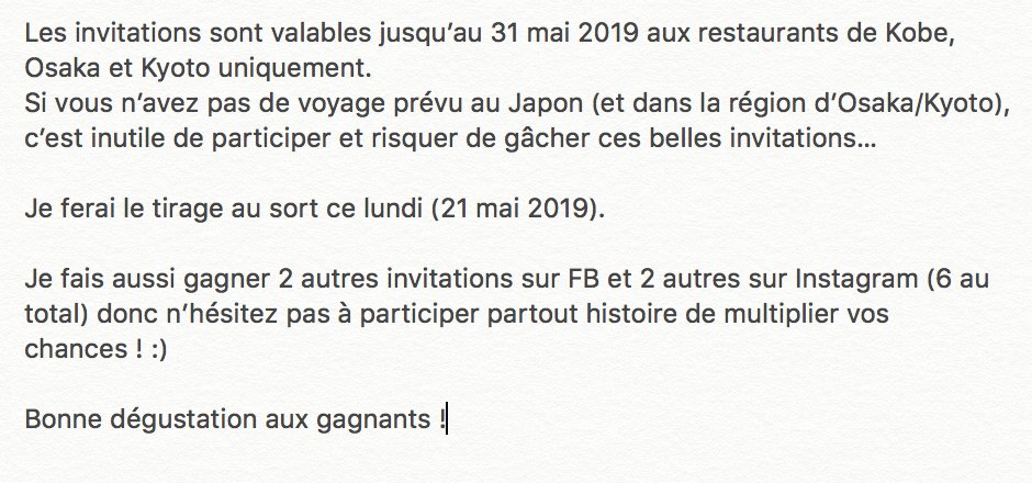 Ichiban_Japan's tweet photo. JEU-CONCOURS
Je fais gagner 2 invitations au restaurant Misono (le meilleur boeuf de Kobe) valables jusqu'au 31 mai 2019 à Osaka, Kyoto ou Kobe 🔥🔥
RT + indique en réponse à ce tweet les dates de ton voyage prévu !
(Je fais aussi gagner 4 autres invitations sur FB et Instagram) https://t.co/b9W6gwrap8