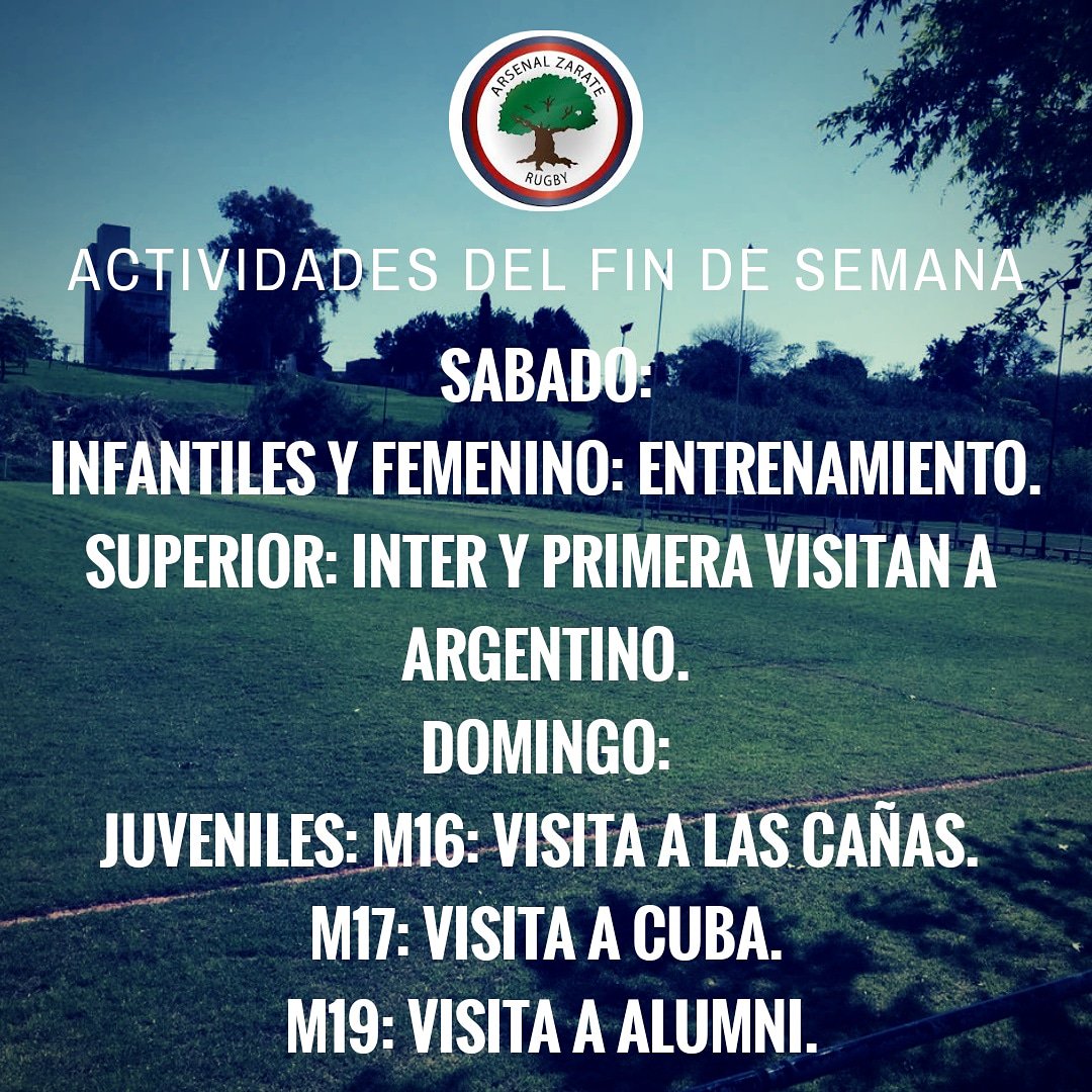 Les dejamos las actividades del fin de semana!.

Los más chiquitos van a entrenar en el club a partir de 10.30 y el PS va por su segunda victoria enfrentando a <a href="/ArgentinoRugby/">Club Argentino Rugby</a> .

Las juveniles visitan a <a href="/LasCanasRC/">Las Cañas Rugby Club</a> (M16), @_CUBArugby (M17) y @AAlumni_ (M19)