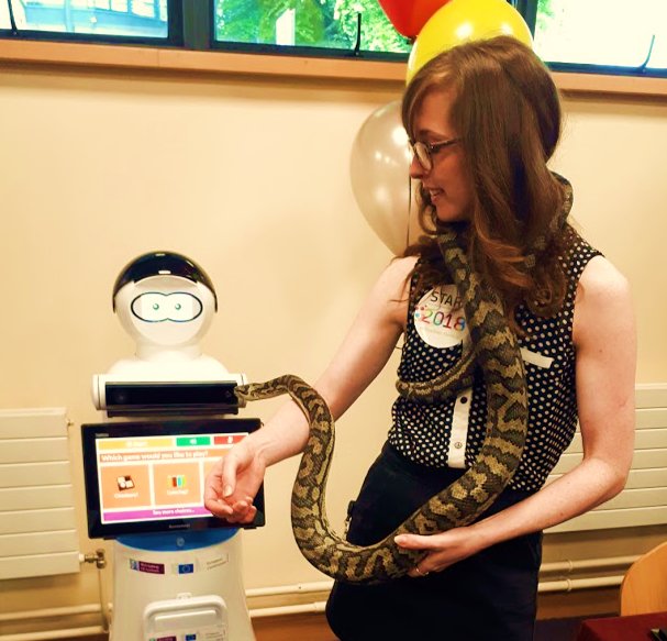 niamhgall87's tweet photo. Mario the robot meeting Matt the python at #startawards today! As part of @hrbtmrn outreach initiative START - Schools Teaching Awareness of Randomised Trials @mario__project @ResearchatNUIG #robotics #dementia https://t.co/kcDhPlAyOX