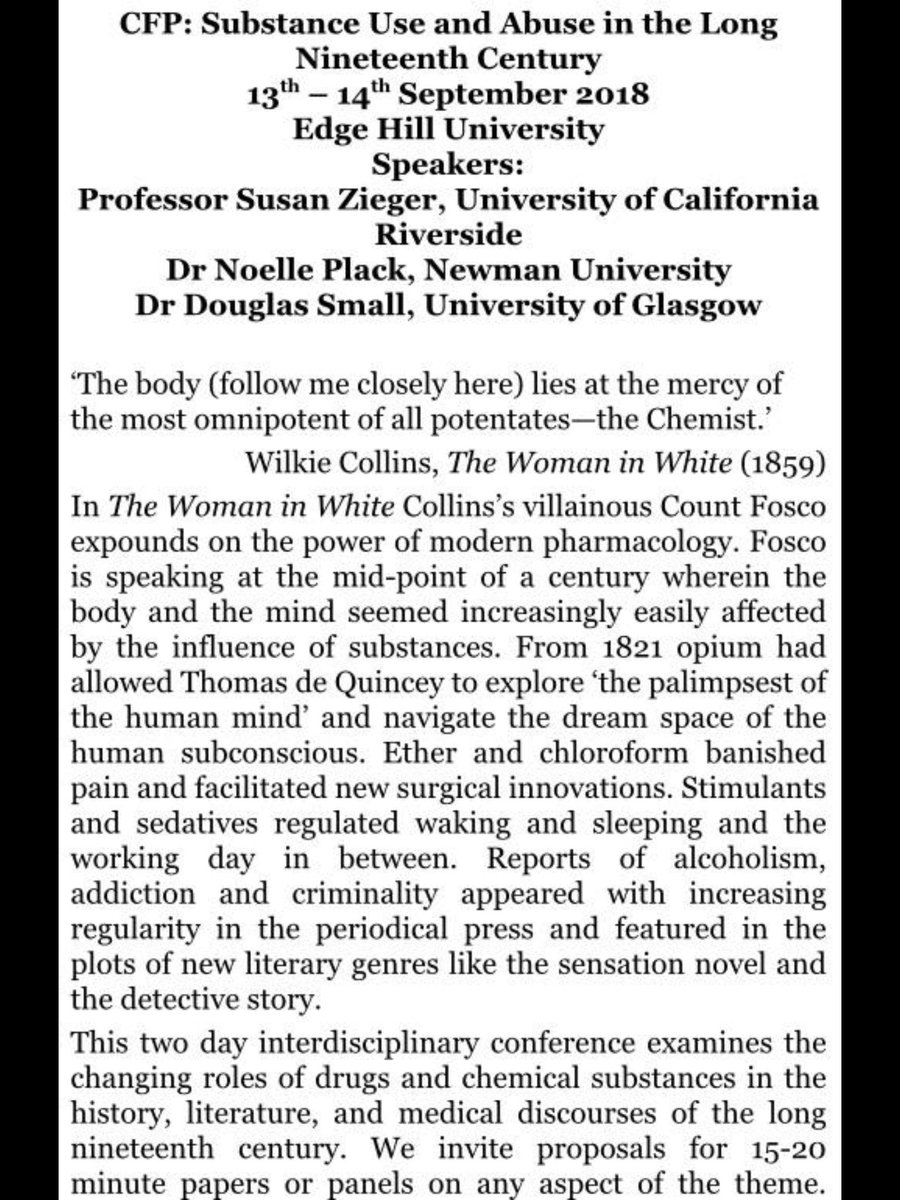 Substance18_EHU's tweet photo. Don’t forget to submit your abstracts for ‘Substance Use and Abuse in the Long Nineteenth Century’

Medicines, therapies, quack remedies,drugs, sedatives,appetite, anaesthesia, indulgences (sugar, cocoa etc), addiction as metaphor...the possibilities are endless!

Closes Monday. https://t.co/9YnUgOHZf1