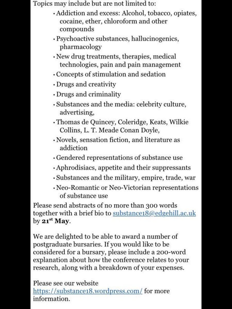 Substance18_EHU's tweet photo. Don’t forget to submit your abstracts for ‘Substance Use and Abuse in the Long Nineteenth Century’

Medicines, therapies, quack remedies,drugs, sedatives,appetite, anaesthesia, indulgences (sugar, cocoa etc), addiction as metaphor...the possibilities are endless!

Closes Monday. https://t.co/9YnUgOHZf1