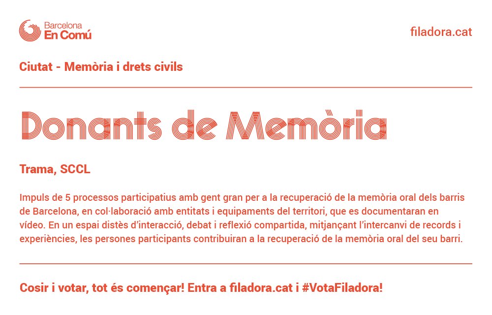 Trama_cultura's tweet photo. Hem estat preseleccionades en la 2a edició de @La_Filadora de @bcnencomu amb el projecte “Donants de memòria”. Ens ajudeu a recuperar la memòria dels nostres barris? Podeu votar-nos fins el 28 de maig! #CosiriVotar #Filadora2018 #VotaFiladora #Filadora https://t.co/31gMKzde8F https://t.co/ZEeJLbwxYj