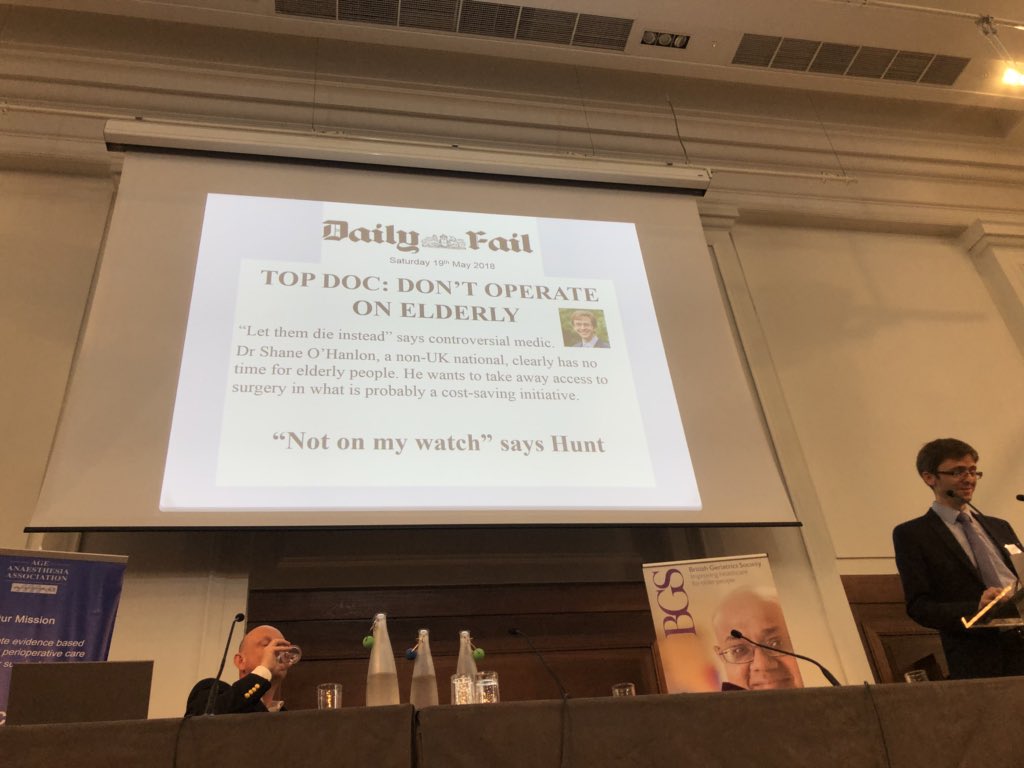 AgeAnaesthesia's tweet photo. Debate! @drohanlon makes an impassioned and often funny argument that we deny the frail surgery #BGSconf #AAAPOPS #AAAConf https://t.co/ZP5y420VYX