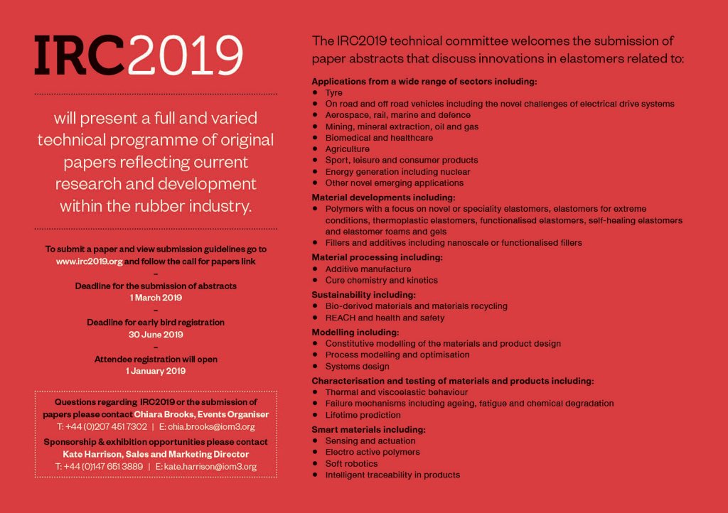 irc2019's tweet photo. CALL FOR PAPERS: Please submit your abstracts for International Rubber Conference 2019 in London 🇬🇧 #IRC2019 | Click for details https://t.co/EklsjQajYi https://t.co/ohfUud0ybi