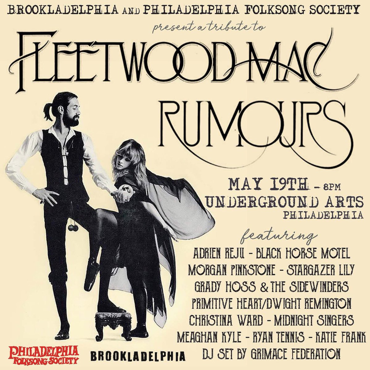 TOMORROW!!!! Celebrate Fleetwood Mac’s album Rumours with us at <a href="/undrgroundarts/">Underground Arts</a> (also presented by <a href="/folksongsociety/">folksongsociety</a> ) &amp; June 20th at <a href="/cmoneverybodybk/">C'mon Everybody</a> 🙂🎸 Click on the link in our bio for more info. #FleetwoodMac #rumours #livemusic #brookladelphia #concert #tribute #music #ff