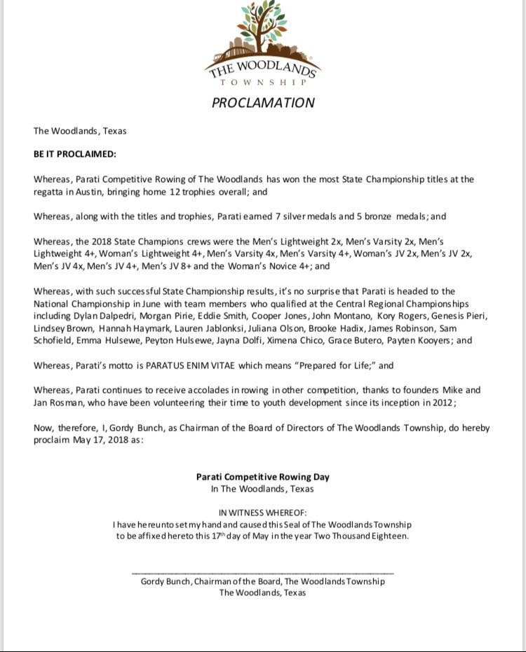 ParatiRowing's tweet photo. May 17th 2018 was proclaimed “Parati Competitive Rowing Day” by The Woodlands Township in recognition of the outstanding State and Regional achievements by our rowers.  Coach Mike and Miss Jan were also honored.
@thewoodlands_tx
@WoodlandsStuCtr 
@JonPoorman 
@Maskulinski https://t.co/0eMyoBSrBS