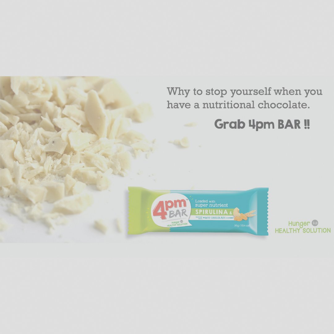 Wanna try something nutritious, healthy and yet delicious? Grab 4pm bar layered with white chocolate and yogurt loaded with spirulina!! 
#hunger #chewthenew #4pmbar  #whitecholate #yogurt #healthy #spirulina #energybar #snackbar #healthysnack #balanceddiet #nutritiousdiet