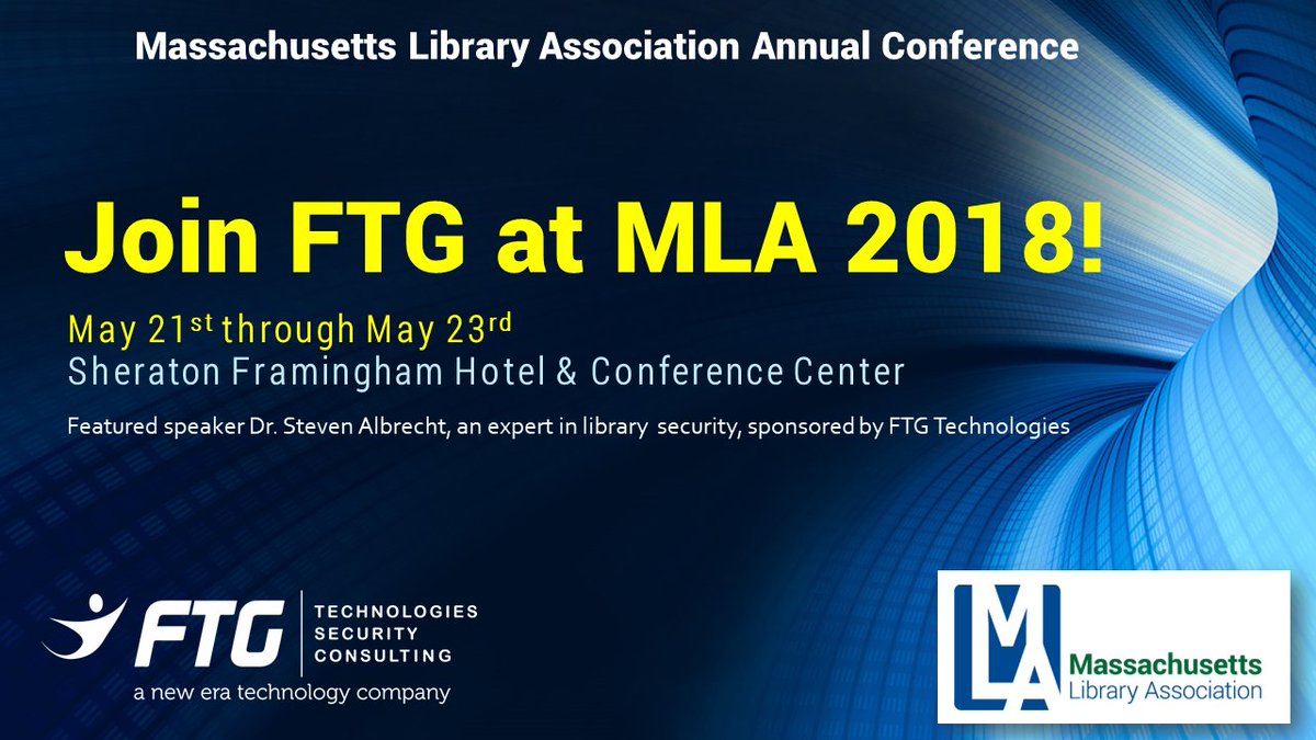 ftgtech's tweet photo. Join FTG on Monday at the @MassLibAssoc annual conference #masslib18. Don't miss featured speaker and expert in library security @DrSteveAlbrecht for practical advice and realistic tools empowering you to make your library a safer place - sponsored by FTG! #malibs #librarylife https://t.co/4HaIDo1T2I