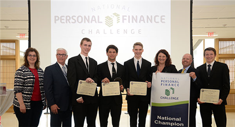 NebraskaEcon's tweet photo. First Place, @Chelsea_HS, @michiganecon. Left to right: Rachel Biar, director of NEST; @NeTreasurer Don Stenberg; team members, Jeremy Burby, Riley Lukomski, Zach Barhite; @JDEconRules, president, @NEEconEd; teacher, Matt Pedlow; team member Connor Gilbreath. #NPFC2018 #finlit https://t.co/6DM7ljFVJy