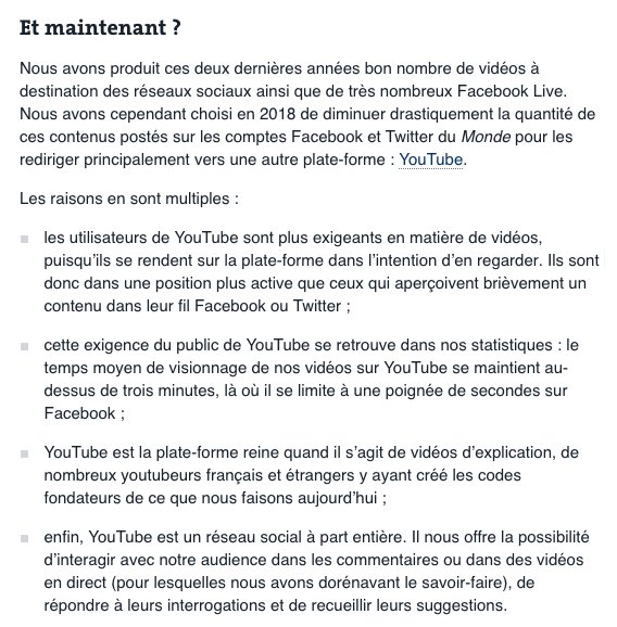 Charles_Savreux's tweet photo. "Nous avons (...) choisi en 2018 de diminuer (...) la quantité de ces contenus postés sur les comptes #Facebook et #Twitter du @lemondefr pour les rediriger principalement vers une autre plate-forme : #YouTube" 👏 ⏭️ user engagement, tps de visionnage https://t.co/mHzLTRwdb7 https://t.co/ia8N2GS7ft
