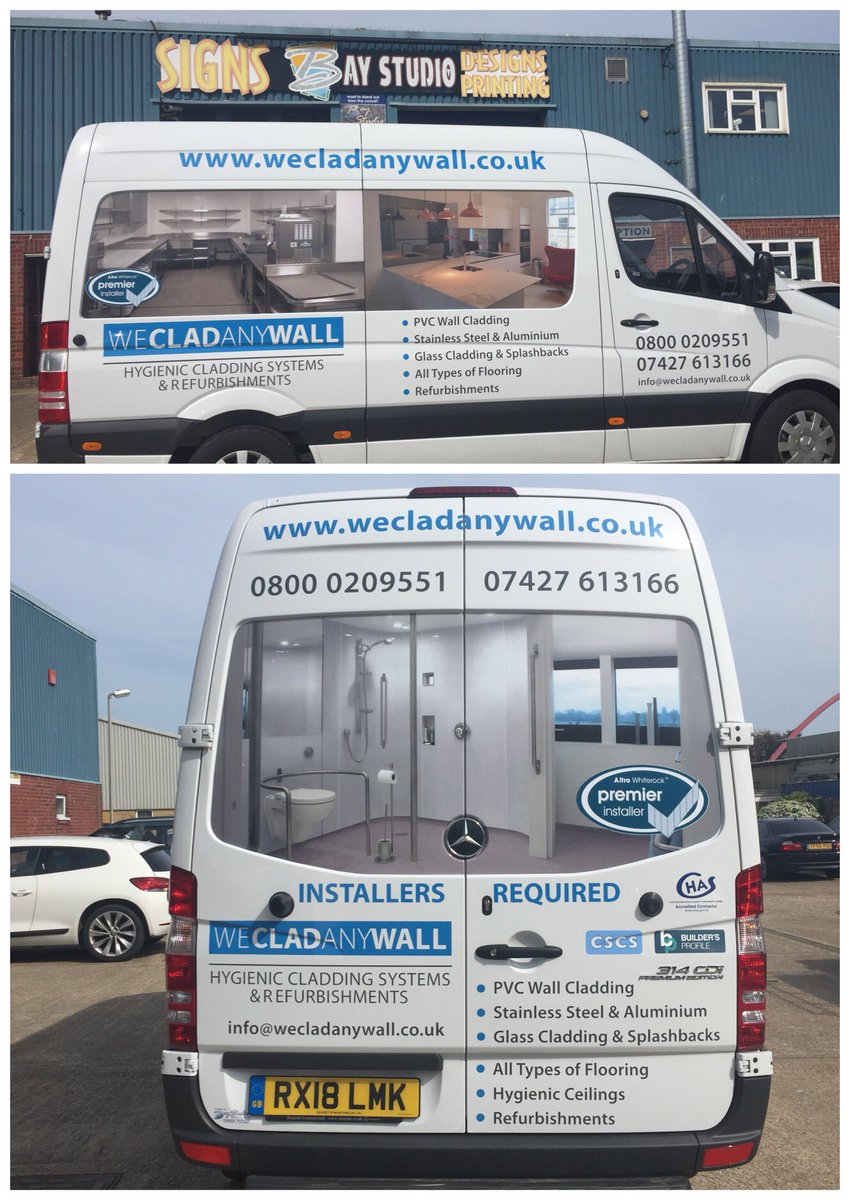 BayStudioLtd's tweet photo. Full colour prints and cut vinyl text applied to We Clad Any Wall’s van. 
01903 717227
info@baystudio.co.uk
#signage #signs #vehiclegraphics #cutvinyl #fullcolourprint https://t.co/PTuwKDNcy9